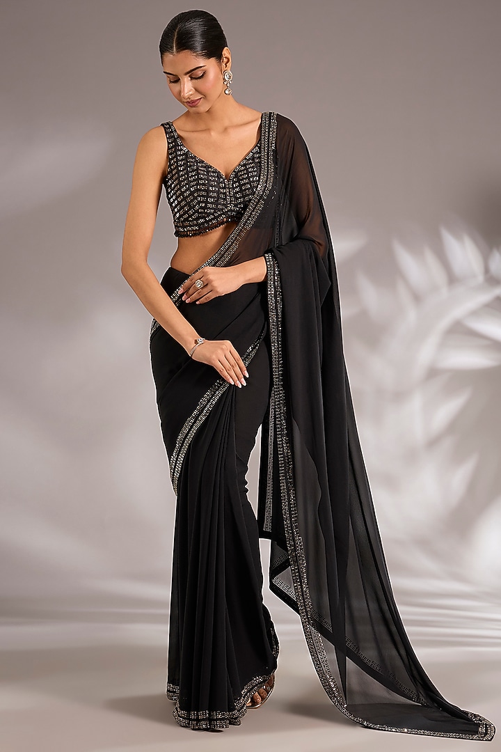 Black Georgette Embroidered Reception Saree Set by Seema Gujral at Pernia's Pop Up Shop