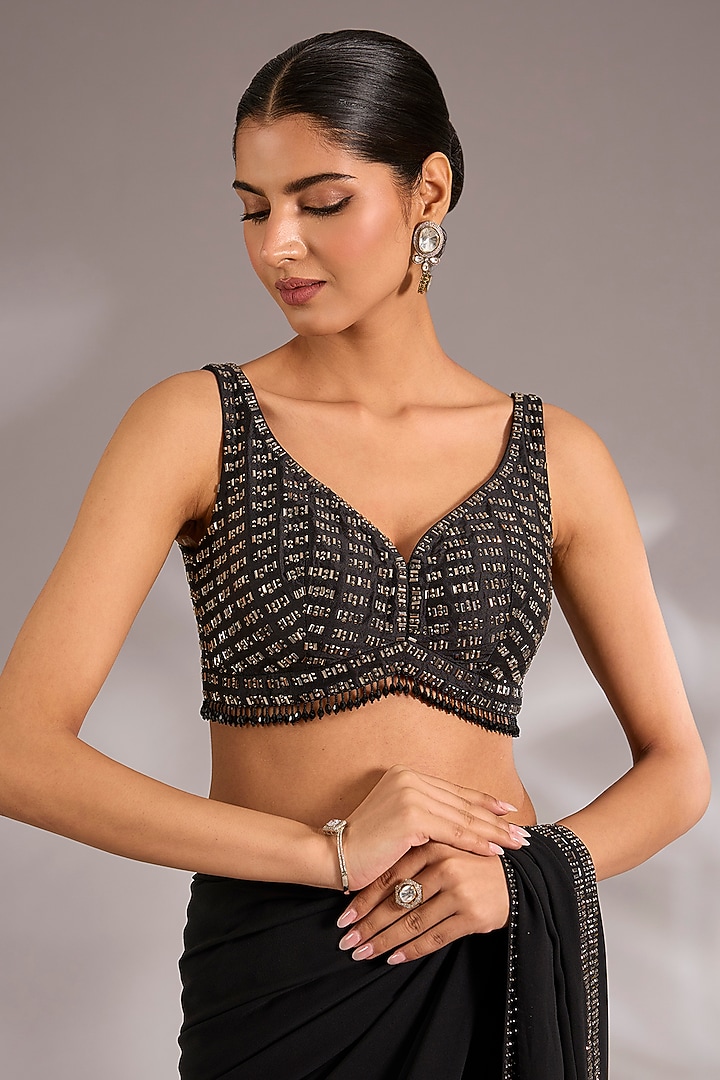 Black Georgette Embroidered Reception Saree Set by Seema Gujral at Pernia's Pop Up Shop
