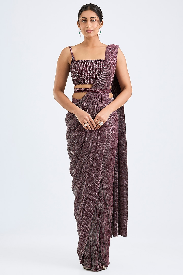 Wine Lurex Pre-Draped Wedding Saree Set by Seema Gujral at Pernia's Pop Up Shop