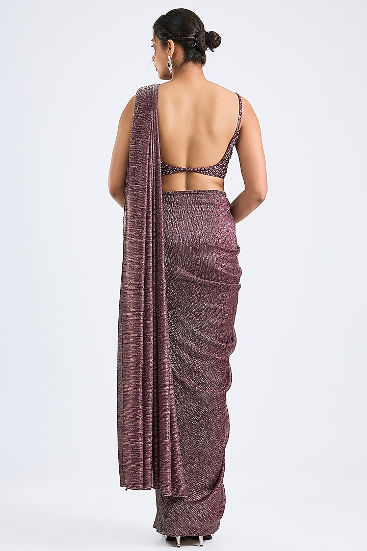 Wine Lurex Pre-Draped Wedding Saree Set by Seema Gujral at Pernia's Pop Up Shop