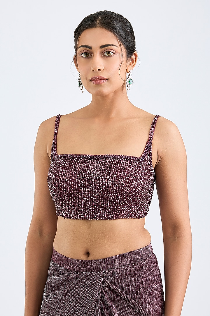 Wine Lurex Pre-Draped Wedding Saree Set by Seema Gujral at Pernia's Pop Up Shop