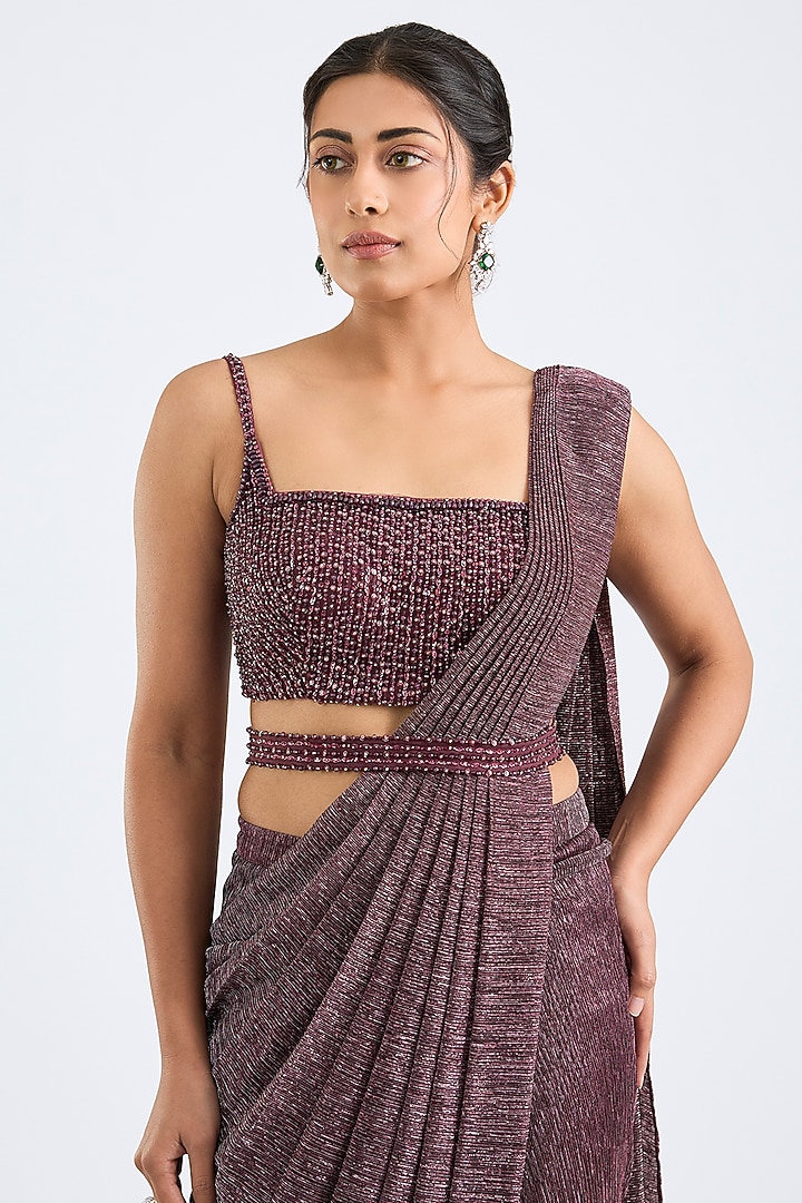Wine Lurex Pre-Draped Wedding Saree Set by Seema Gujral at Pernia's Pop Up Shop
