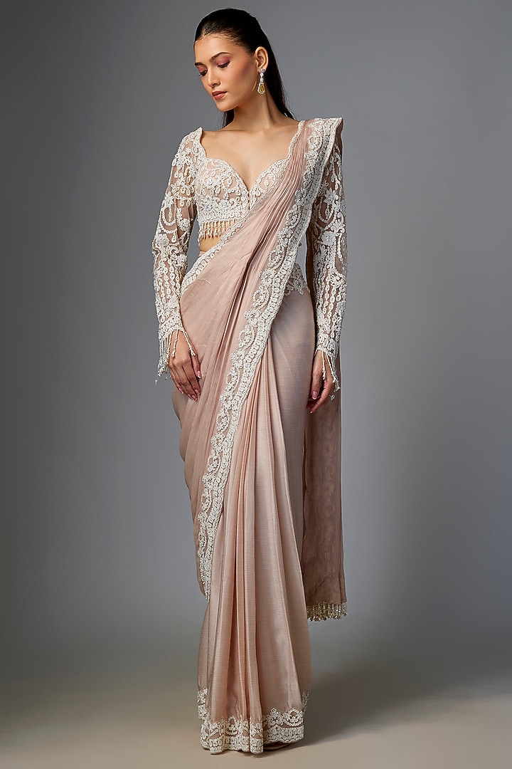 Peach Chiffon Reception Saree Set by Seema Gujral at Pernia's Pop Up Shop
