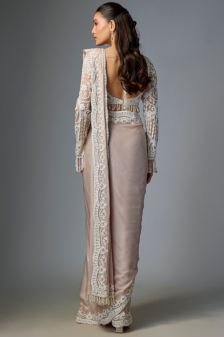 Peach Chiffon Reception Saree Set by Seema Gujral at Pernia's Pop Up Shop