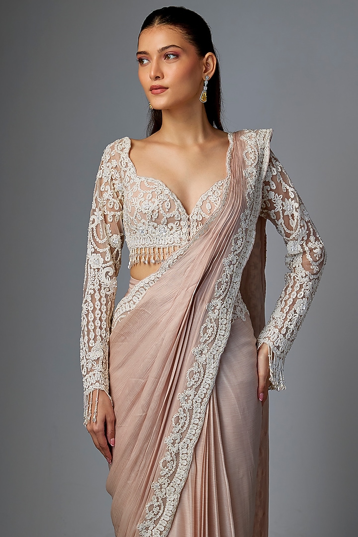 Peach Chiffon Reception Saree Set by Seema Gujral at Pernia's Pop Up Shop