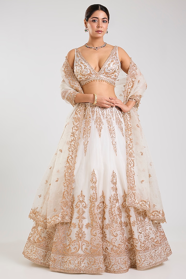 Ivory & Rose Gold Organza Embellished Bridal Lehenga Set by Seema Gujral at Pernia's Pop Up Shop