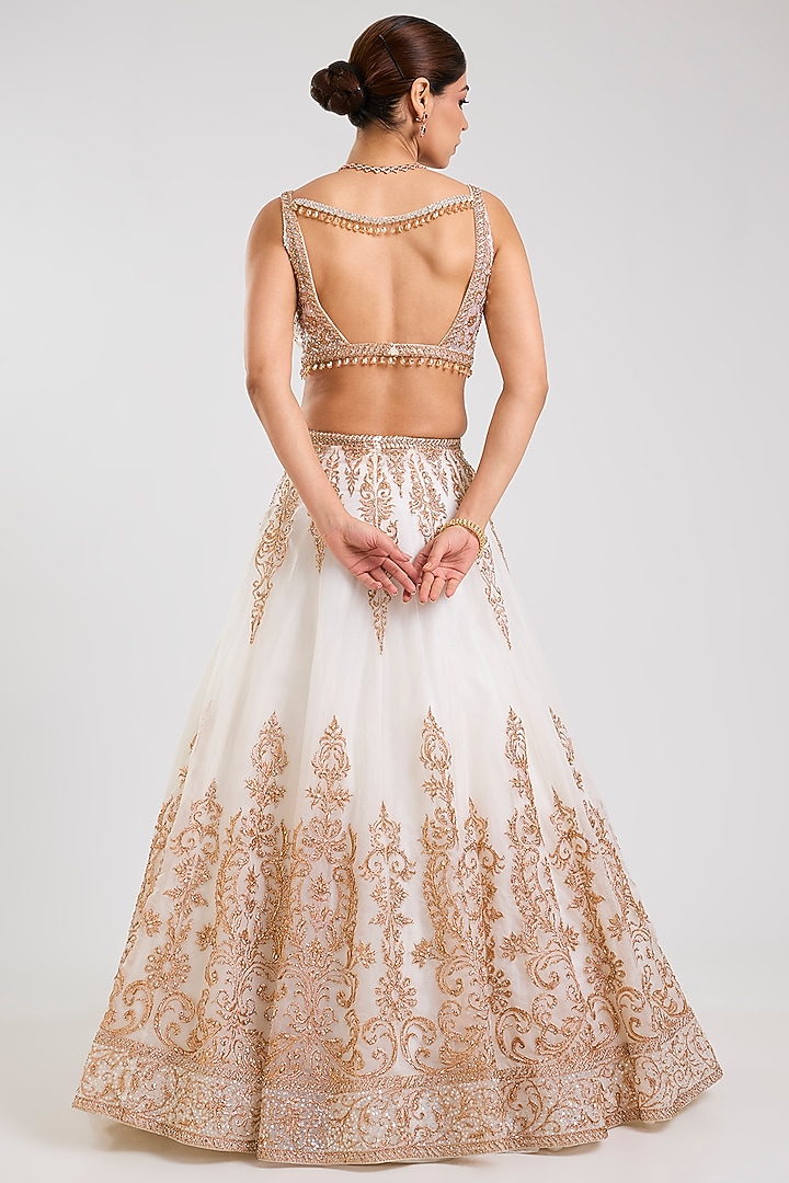 Ivory & Rose Gold Organza Embellished Bridal Lehenga Set by Seema Gujral at Pernia's Pop Up Shop