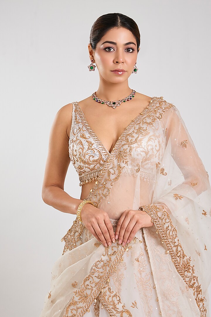 Ivory & Rose Gold Organza Embellished Bridal Lehenga Set by Seema Gujral at Pernia's Pop Up Shop