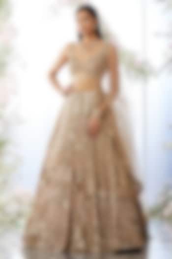 Peach Net Crystal & Sequin Embroidered Bridal Lehenga Set by Seema Gujral at Pernia's Pop Up Shop