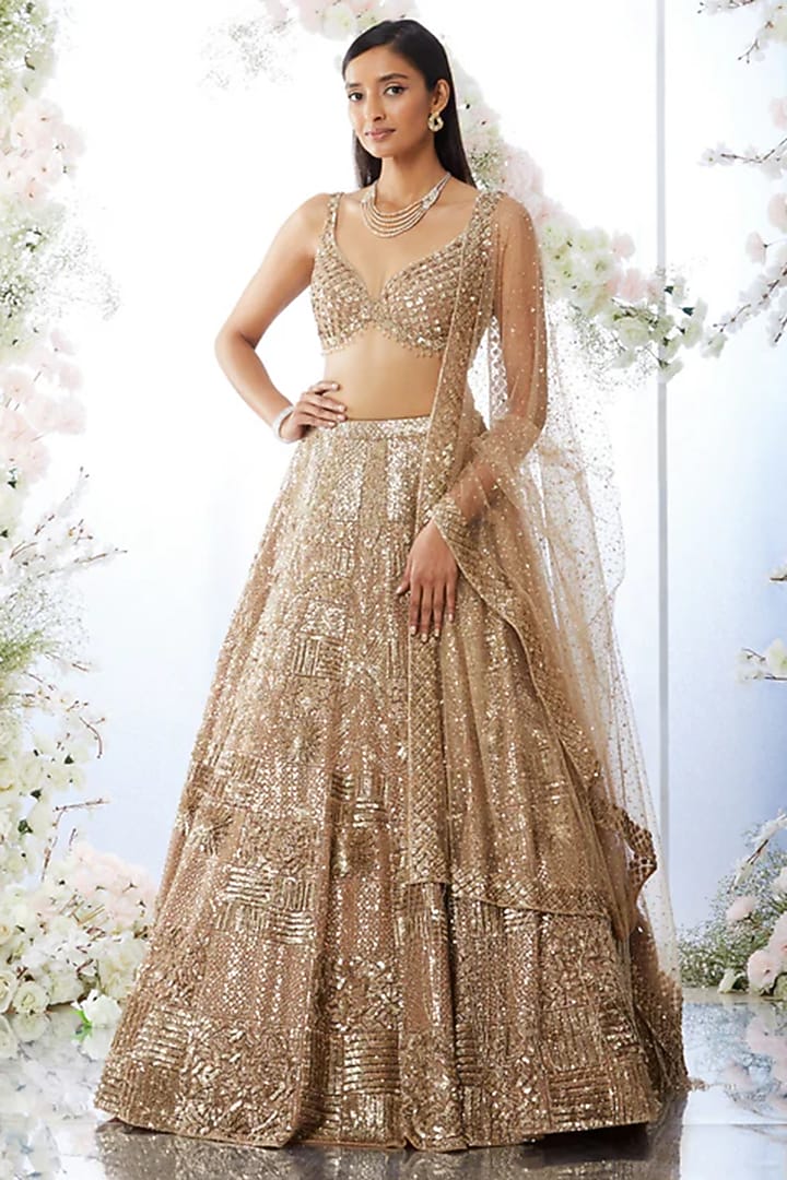 Peach Net Crystal & Sequin Embroidered Bridal Lehenga Set by Seema Gujral at Pernia's Pop Up Shop