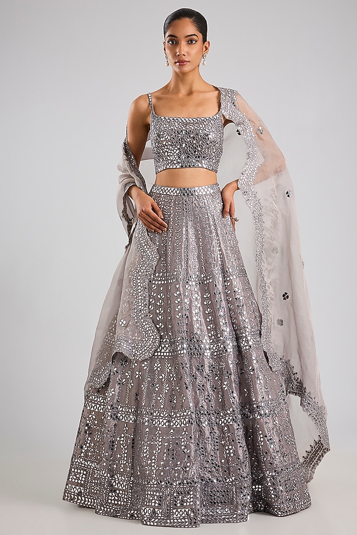 Ivory Tissue Embroidered Bridal Lehenga Set by Seema Gujral at Pernia's Pop Up Shop
