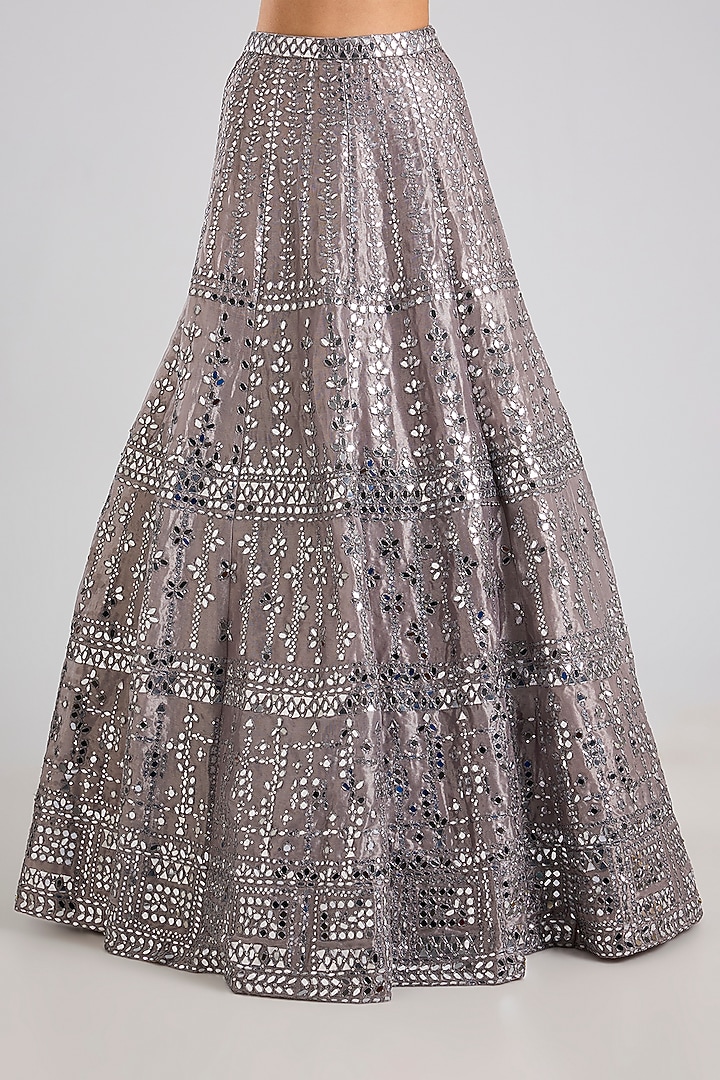 Grey Tissue Embroidered Bridal Lehenga Set by Seema Gujral at Pernia's Pop Up Shop