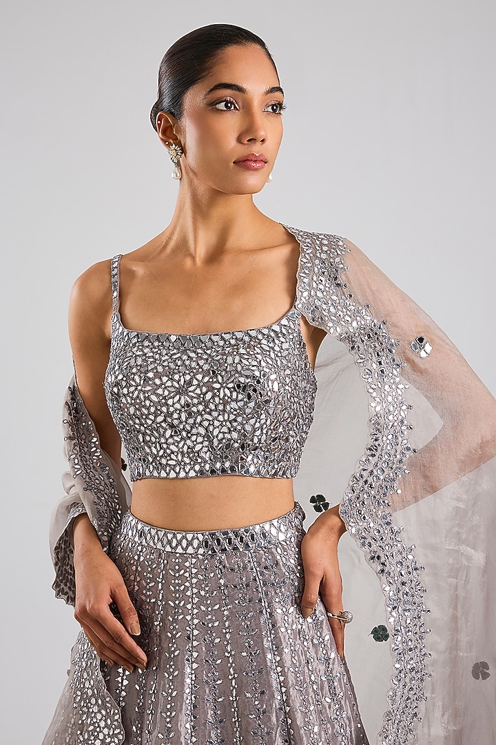 Grey Tissue Embroidered Bridal Lehenga Set by Seema Gujral at Pernia's Pop Up Shop