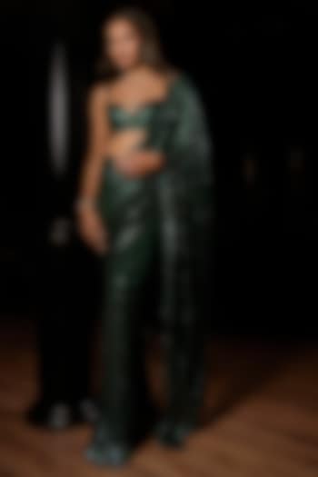 Ombre Emerald Green Georgette Sequins Work Reception Saree Set by Seema Gujral at Pernia's Pop Up Shop