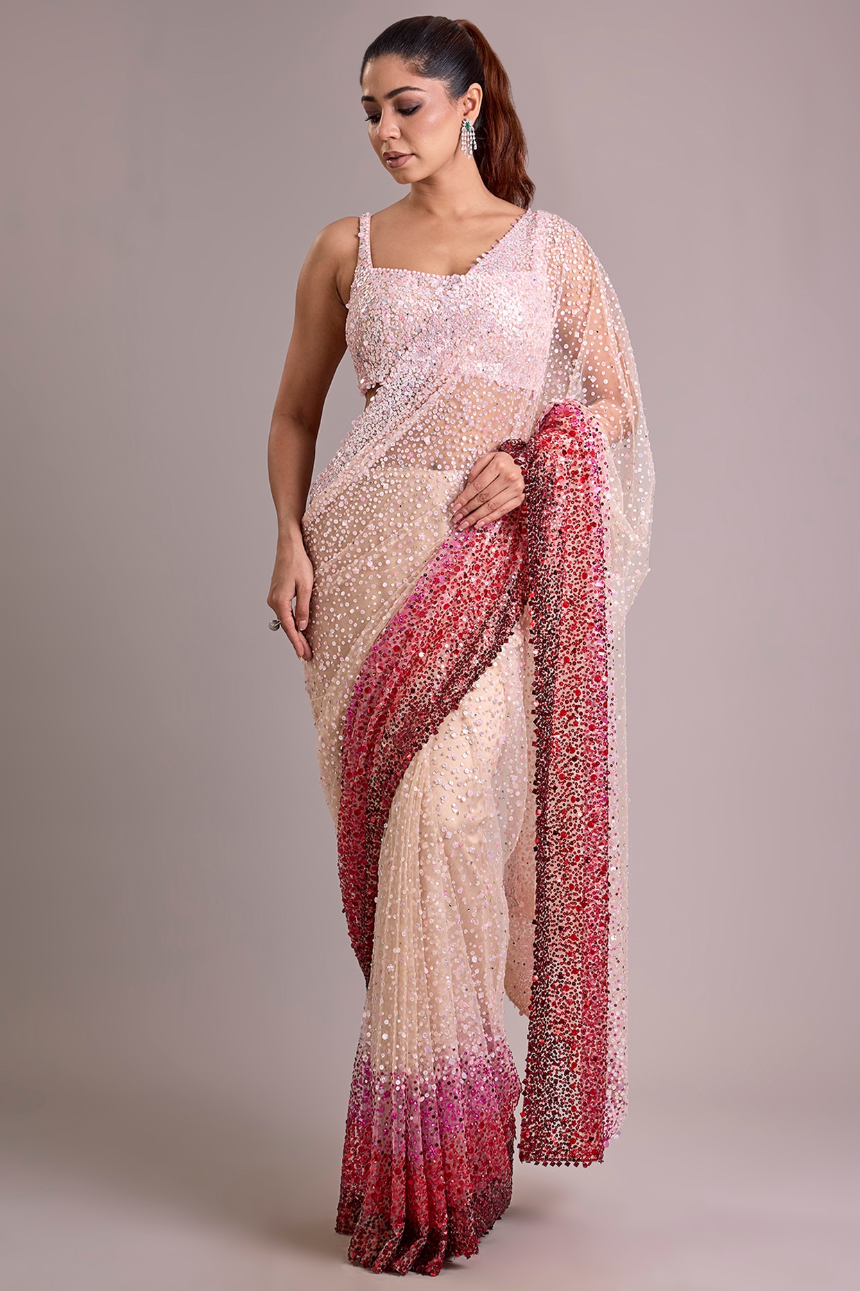 Seema Gujral Pink Ombre Net Saree Set