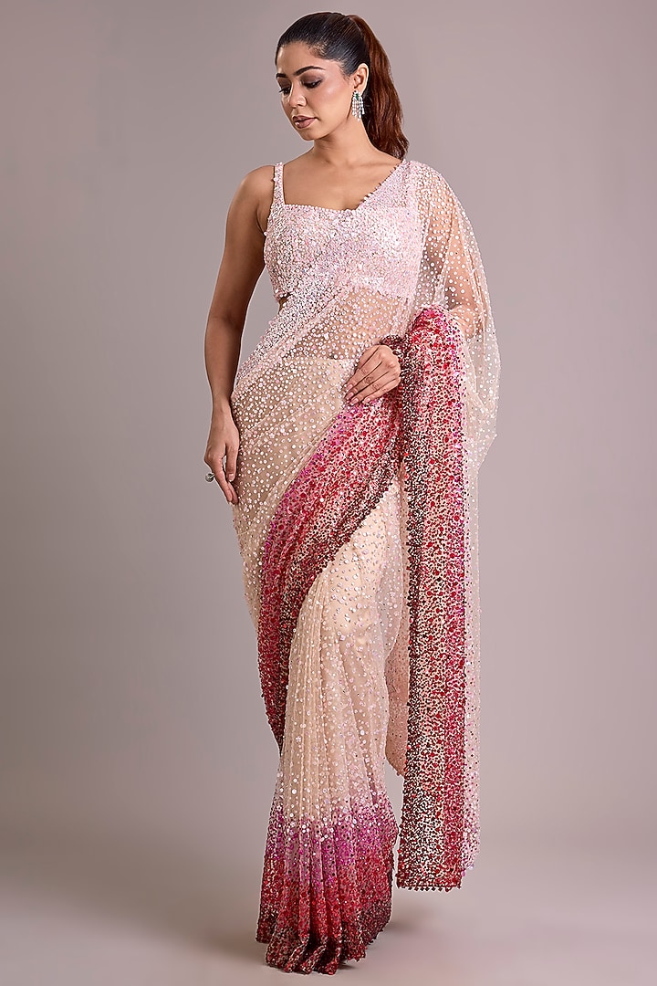 Pink Ombre Net Reception Saree Set by Seema Gujral at Pernia's Pop Up Shop