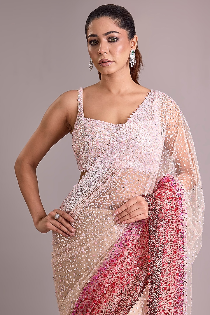 Pink Ombre Net Reception Saree Set by Seema Gujral at Pernia's Pop Up Shop