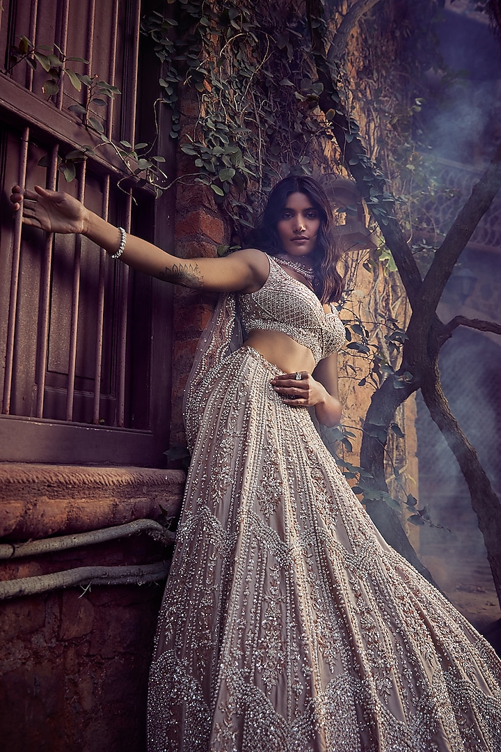 Rose Gold Embroidered Lehenga Set by Seema Gujral