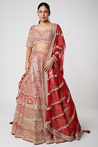 Red Embroidered Raw Silk Lehenga Set by Seema Gujral