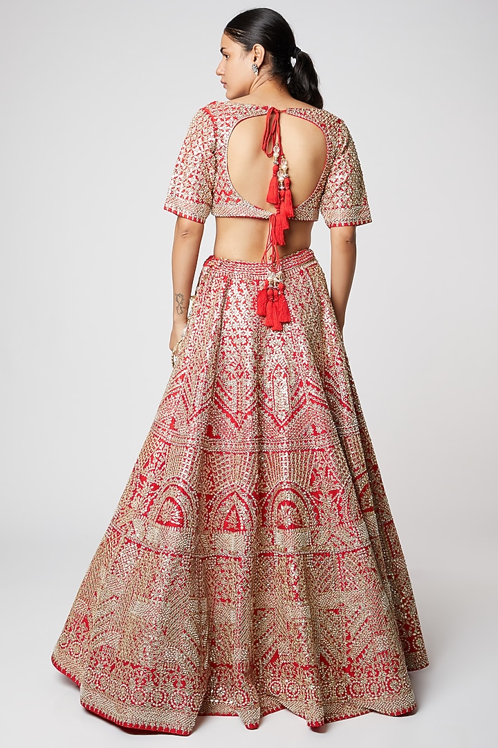 Red Embroidered Raw Silk Bridal Lehenga Set by Seema Gujral at Pernia's Pop Up Shop