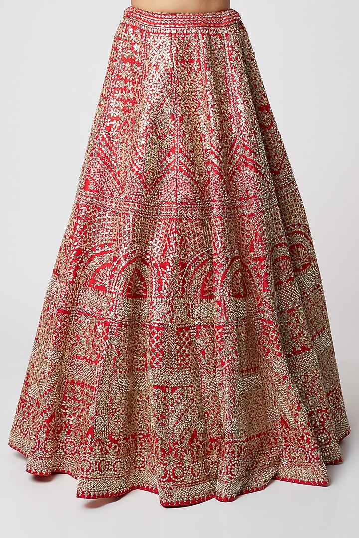 Red Embroidered Raw Silk Bridal Lehenga Set by Seema Gujral at Pernia's Pop Up Shop