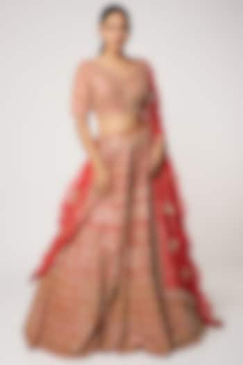 Red Embroidered Lehenga Set by Seema Gujral