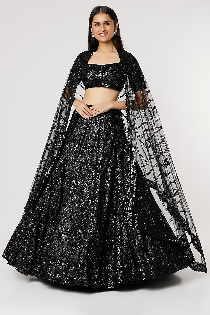 Black Embroidered Lehenga Set by Seema Gujral