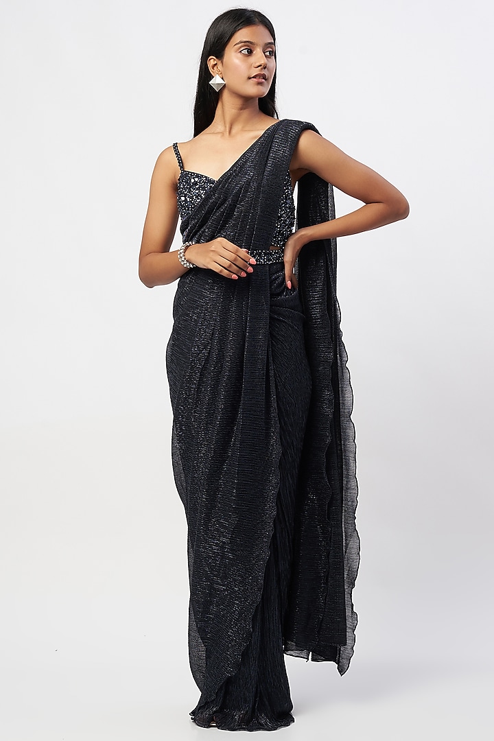 Navy Blue Embroidered Pre-Draped Saree Set by Seema Gujral