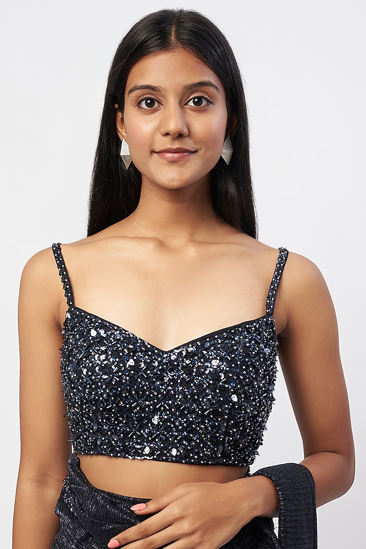 Navy Blue Embroidered Pre-Draped Wedding Saree Set by Seema Gujral at Pernia's Pop Up Shop