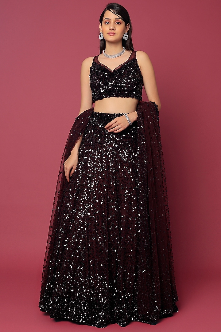 Wine Embroidered Lehenga Set by Seema Gujral