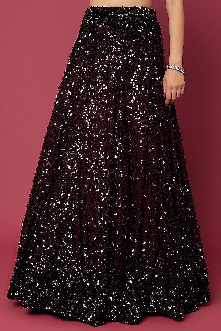 Wine Net Sequins Embroidered Bridal Lehenga Set by Seema Gujral at Pernia's Pop Up Shop