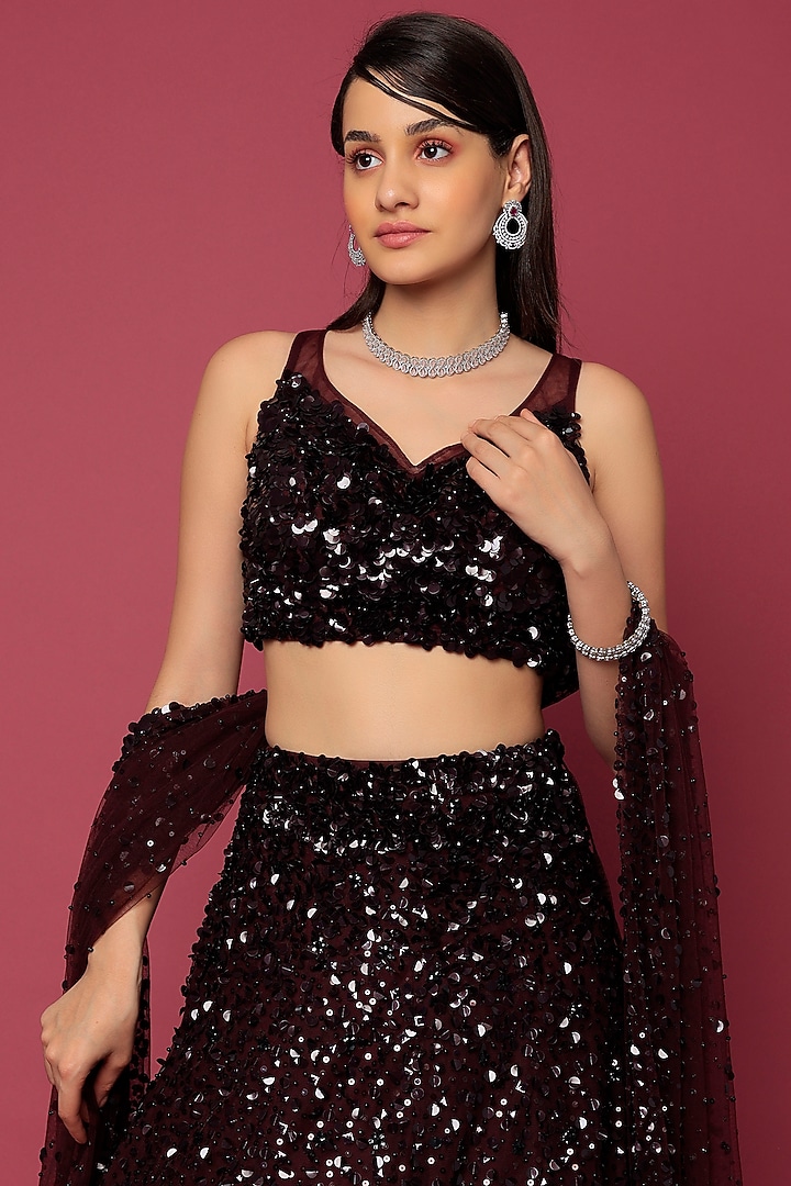 Wine Net Sequins Embroidered Bridal Lehenga Set by Seema Gujral at Pernia's Pop Up Shop