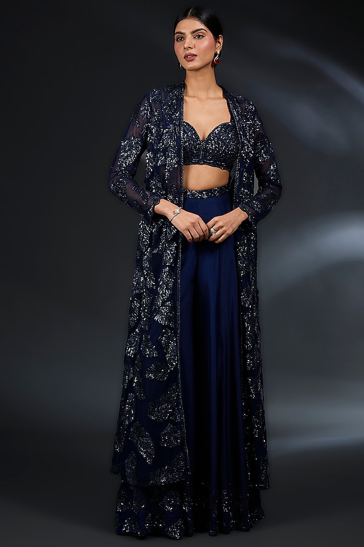 Navy Blue Raw Silk Flared Sharara Set by Seema Gujral at Pernia's Pop Up Shop