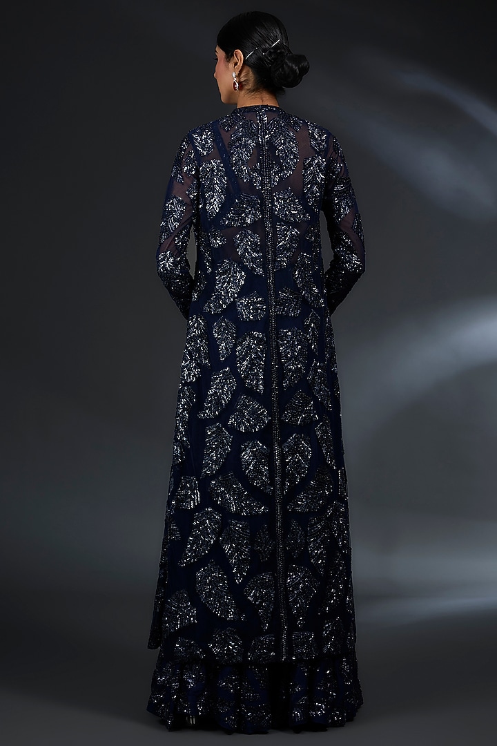 Navy Blue Raw Silk Flared Bridal Sharara Set by Seema Gujral at Pernia's Pop Up Shop