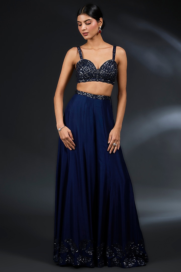 Navy Blue Raw Silk Flared Bridal Sharara Set by Seema Gujral at Pernia's Pop Up Shop