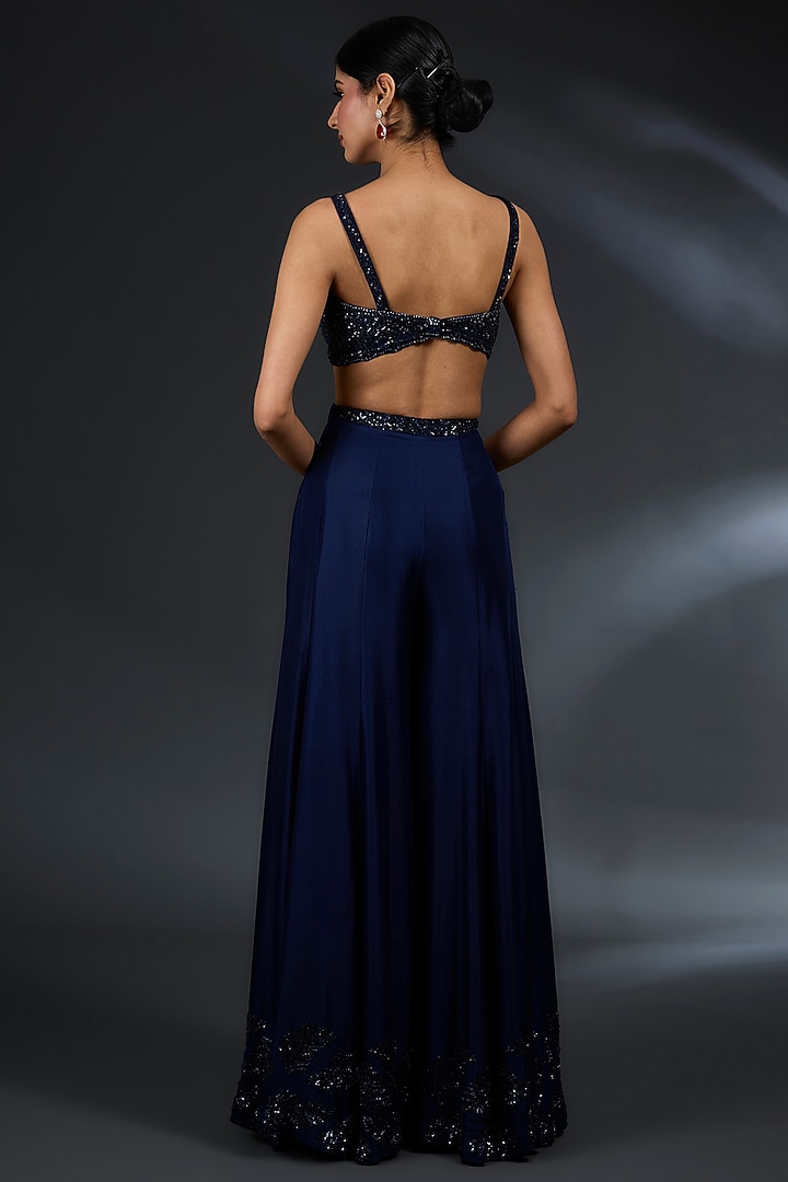 Navy Blue Raw Silk Flared Bridal Sharara Set by Seema Gujral at Pernia's Pop Up Shop