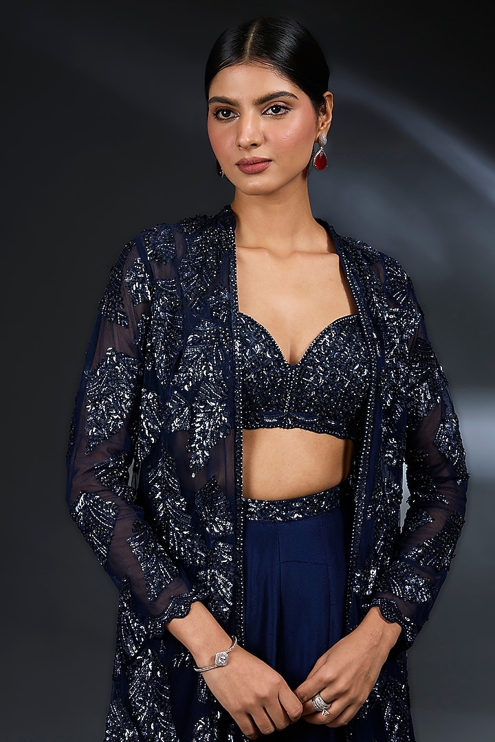 Navy Blue Raw Silk Flared Bridal Sharara Set by Seema Gujral at Pernia's Pop Up Shop