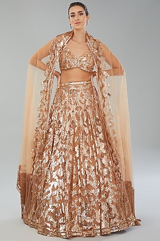 Gold Net Sequins Embroidered Lehenga Set by Seema Gujral