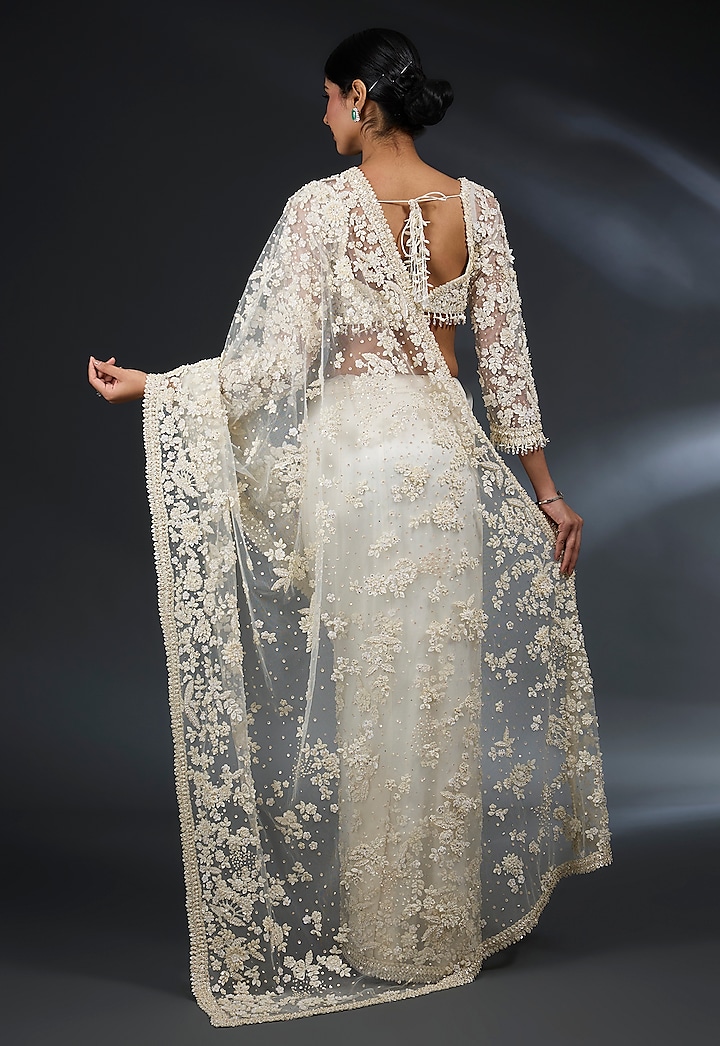 Ivory Net Embroidered Reception Saree Set by Seema Gujral at Pernia's Pop Up Shop