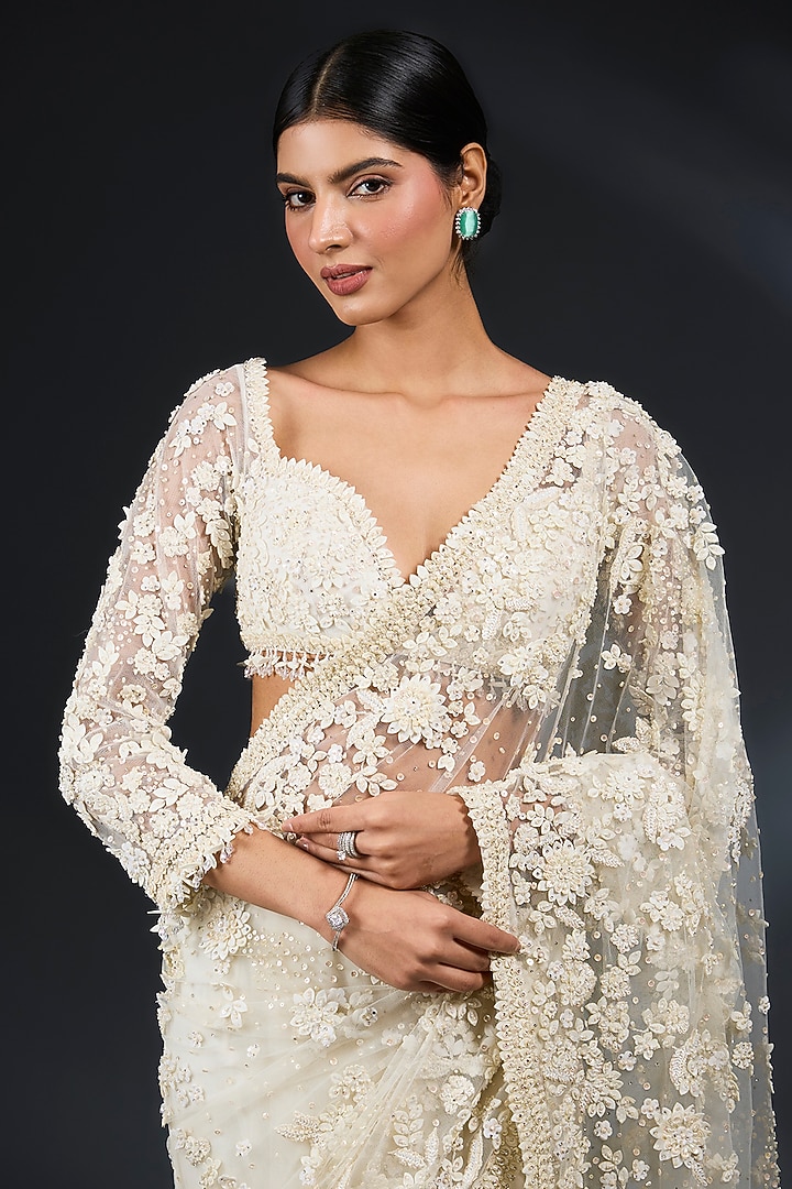 Ivory Net Embroidered Reception Saree Set by Seema Gujral at Pernia's Pop Up Shop