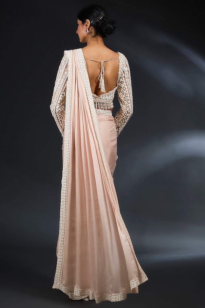 Powder Pink Georgette Sequins Embroidered Pre-Draped Reception Saree Set by Seema Gujral at Pernia's Pop Up Shop