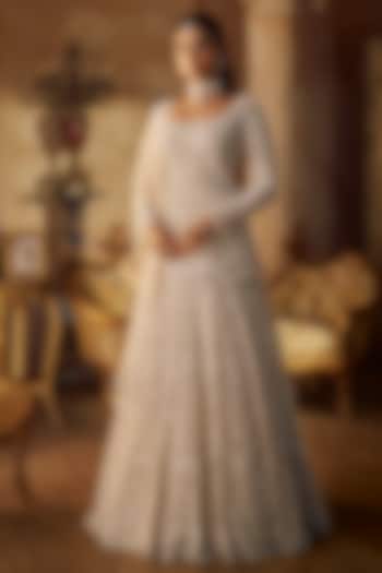 Ivory Net Crystal Embroidered Bridal Lehenga Set by Seema Gujral at Pernia's Pop Up Shop