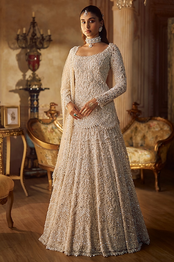 Ivory Net Crystal Embroidered Bridal Lehenga Set by Seema Gujral at Pernia's Pop Up Shop