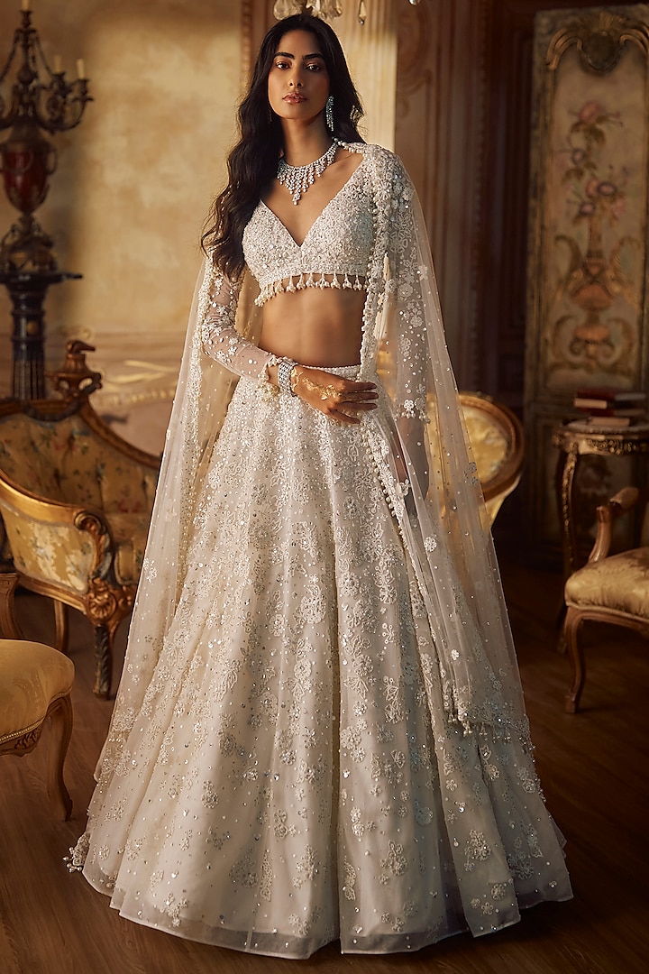 Ivory Net Thread Embroidered Bridal Lehenga Set by Seema Gujral at Pernia's Pop Up Shop
