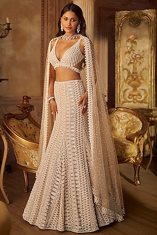 Champagne Net Pearl Embroidered Skirt Set by Seema Gujral