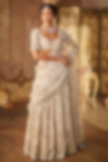 Ivory Net Pearl Embroidered Bridal Lehenga Saree Set by Seema Gujral at Pernia's Pop Up Shop