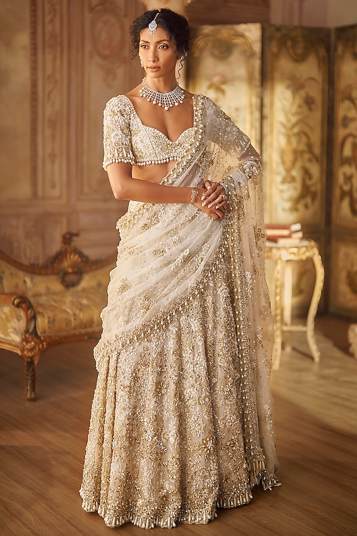 Ivory Net Pearl Embroidered Bridal Lehenga Saree Set by Seema Gujral at Pernia's Pop Up Shop