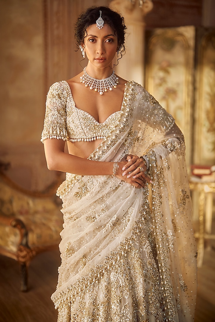 Ivory Net Pearl Embroidered Bridal Lehenga Saree Set by Seema Gujral at Pernia's Pop Up Shop