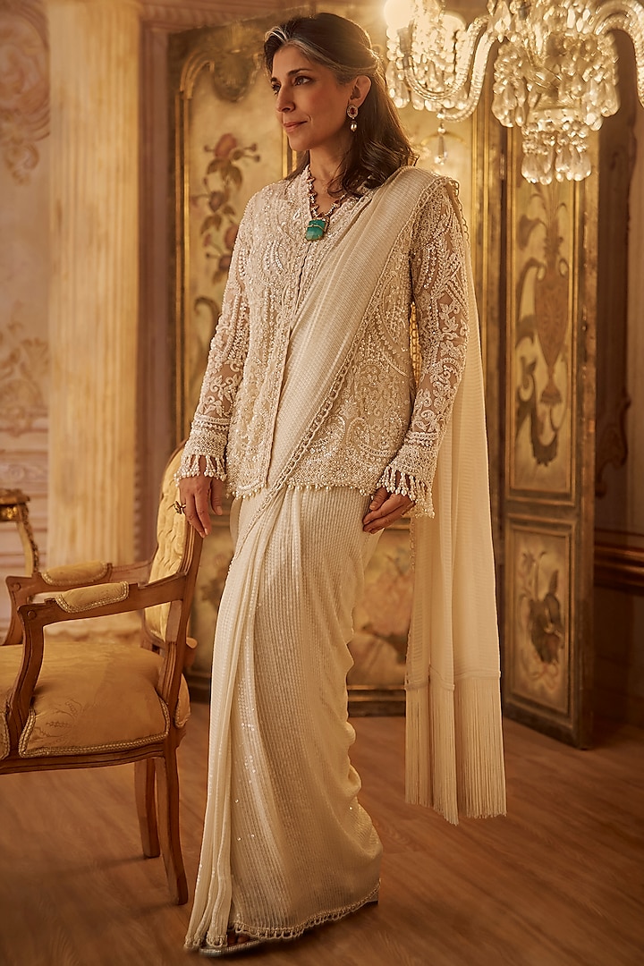 Ivory Georgette Sequins Embroidered Pre-Draped Bridal Saree Set by Seema Gujral at Pernia's Pop Up Shop
