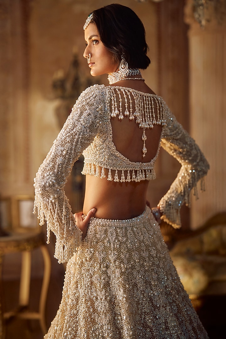Nude Net Crystal Embroidered Bridal Lehenga Set by Seema Gujral at Pernia's Pop Up Shop